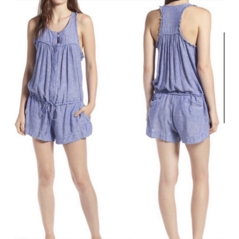 Rails Womens‎ Lynn Royal White Stripe Linen Adjustable Waist Romper Pockets Sz L